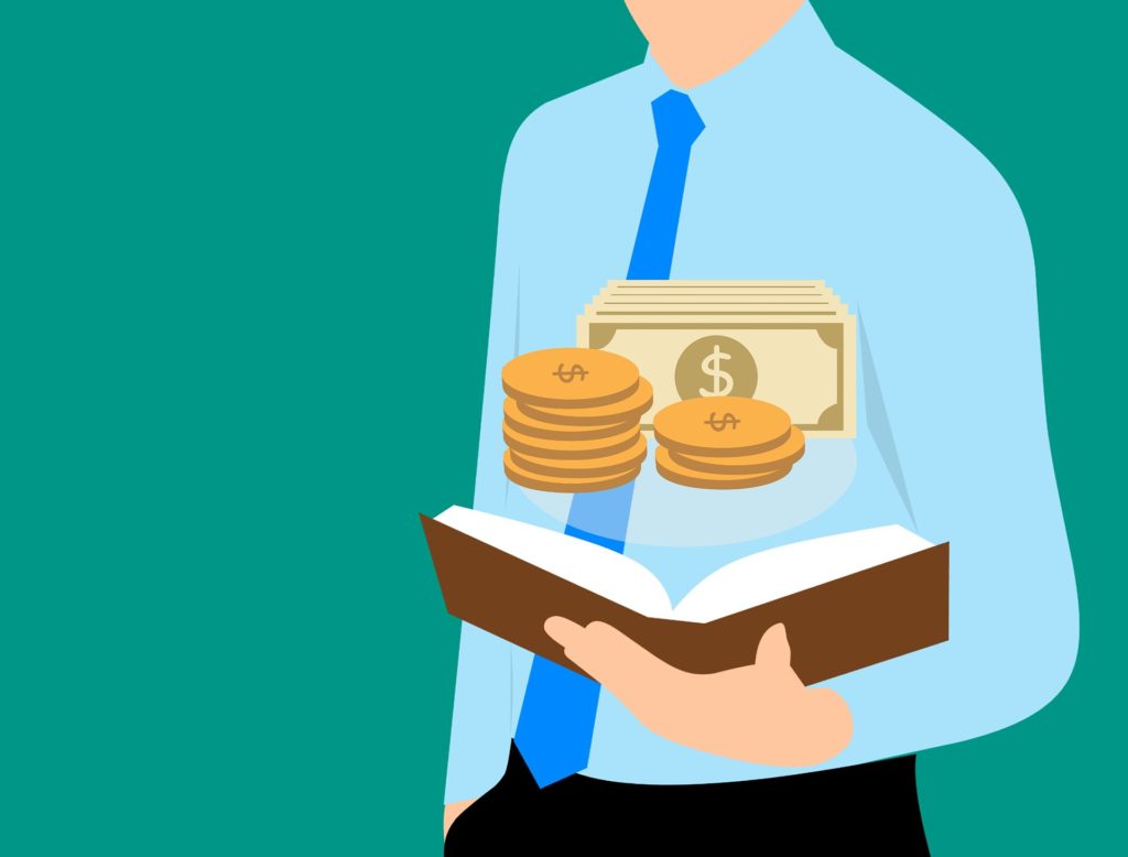 cartoon of man holding book and coins