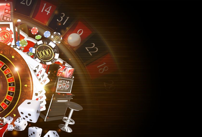 casino montage with dice roulette wheel and slot machine
