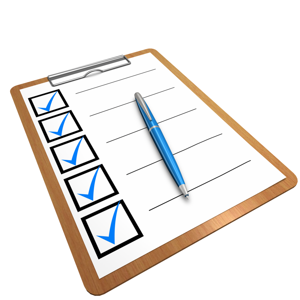 A checklist on a clipboard with five check boxes