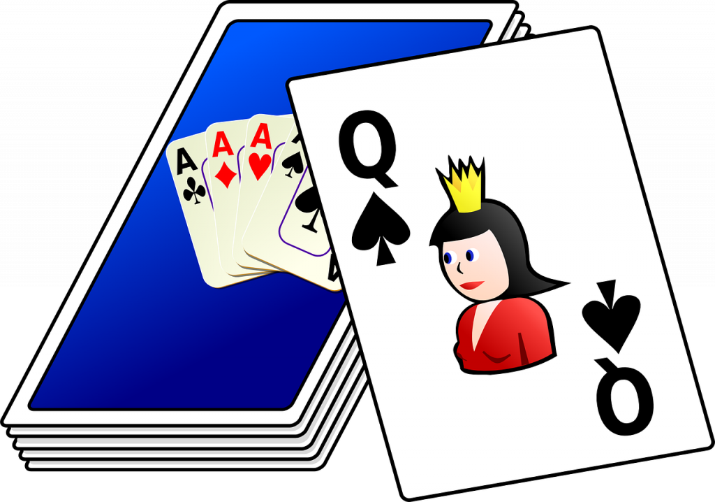 A cartoon queen and deck of playing cards