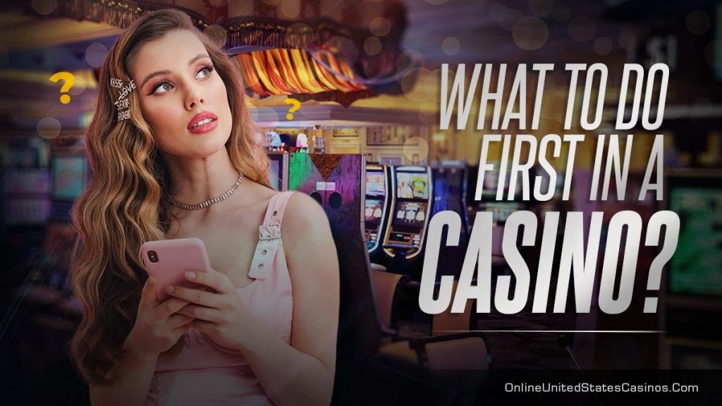 A woman in a casino holding a cell phone