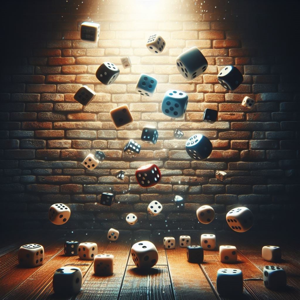 Dice falling through the air onto a wooden floor