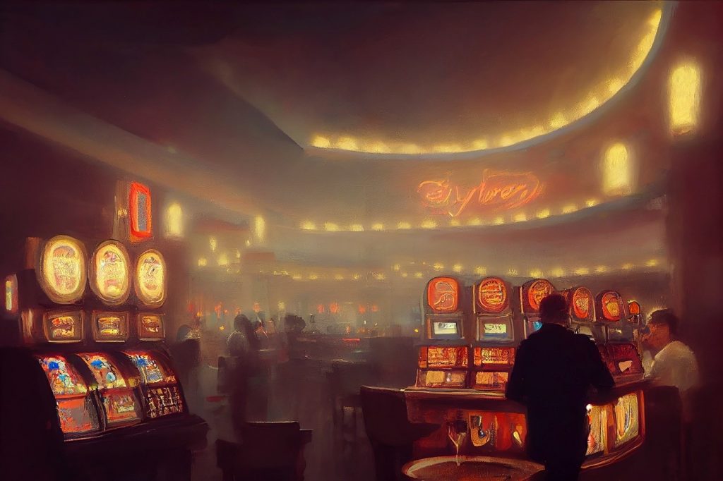 A smoky-looking casino floor with slot machines. Impressionist style.