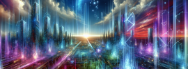 colorful skyline and circuits across a futuristic city