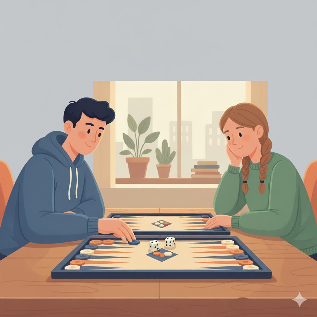 Two people playing backgammon (cartoon)