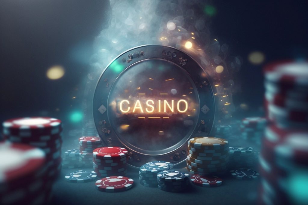 A poker chip with "CASINO" glowing in the middle.